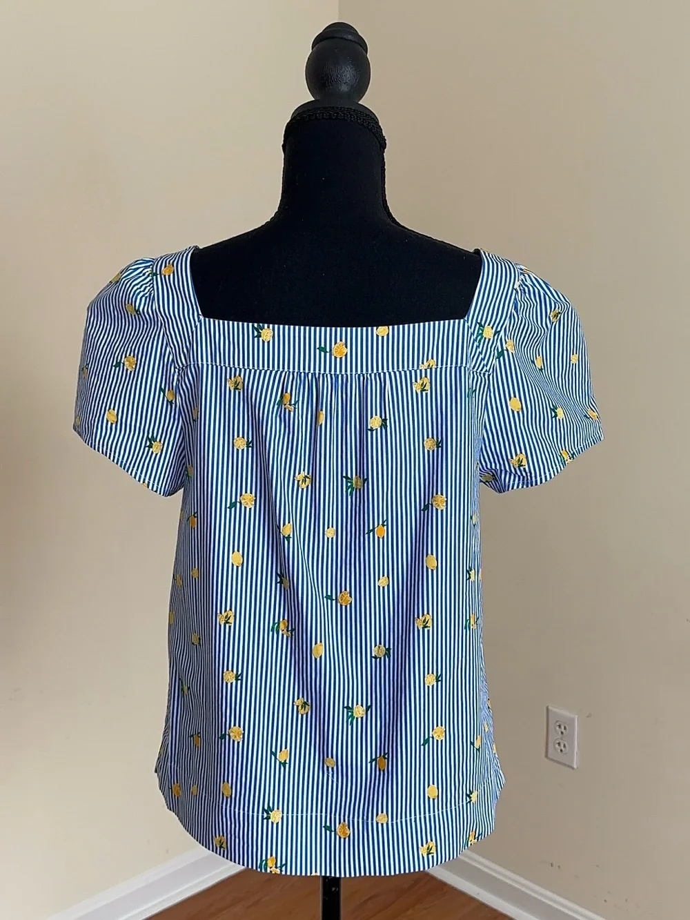 J. Crew Blue Striped Lemon Print Square Neck Puff Sleeve Top Size Small